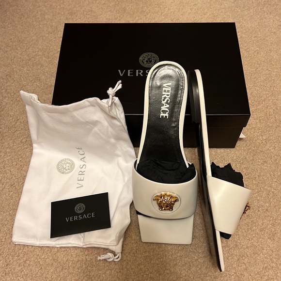 Versace Shoes - NIB Versace White La Medusa leather square toe slide flats